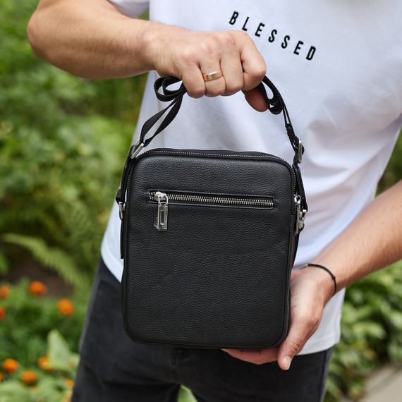 Чоловіча шкіряна сумка-барсетка 24х20х8, компактна сумочка на плече для чоловіка, наплічний месенджер, чорна | Зображення 8