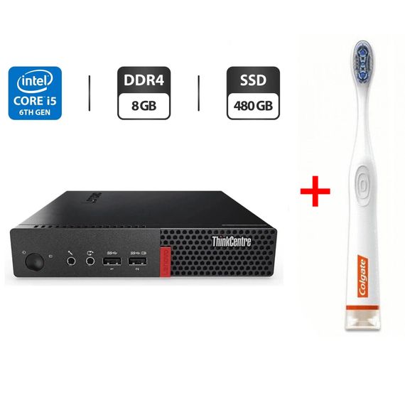 Неттоп Lenovo ThinkCentre M710q Tiny USFF / Intel Core i5-6500T (4 ядра по 2.5 - 3.1 GHz) / 8 GB DDR4 / 480 GB SSD / Intel HD Graphics 530 / Блок живлення б/в + Подарунок  Розумна інтерактивна зубна щітка Colgate Connect M1 / Bluetooth