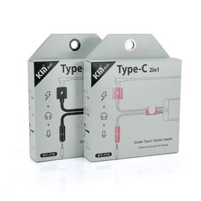 Перехідник 2 в 1 KY-174 Type-C(M) =>Type-C(F) + Jack 3.5mm(F), 5см, White/Pink, Box
