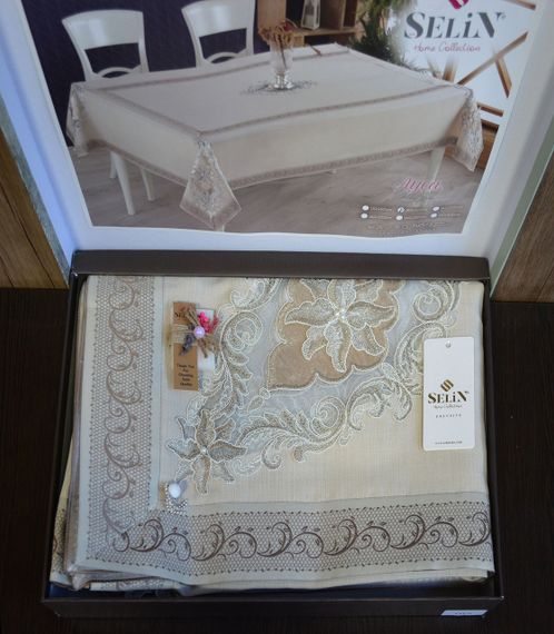 Льняная скатерть Selin Ayca 160×220 см Бежевая | Зображення 1