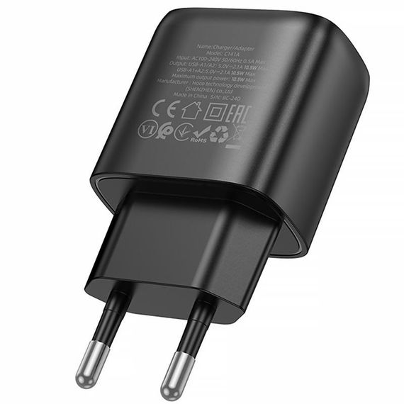 МЗП Hoco C141A Smart 2.1A (2USB-A) Black | Зображення 1