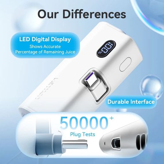 УМБ Vention 4800mAh 22,5W PD, USB-C In/Out, LED display, with built-in USB-C cable White
