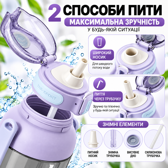 Бутылка для воды TKK 1400 мл спортивная фиолетовая Tritan BPA Free ударопрочная соломинкой, ремешком и ручкой | Зображення 8