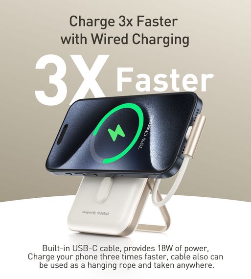 УМБ Choetech Magnetic Wireless 10000mAh 20W PD USB-C In/Out, Qi-15W,buid-in cabel White