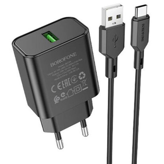 СЗУ Borofone BA72A Spring QC3.0 (1USB-A) + кабель USB to Type-C Black