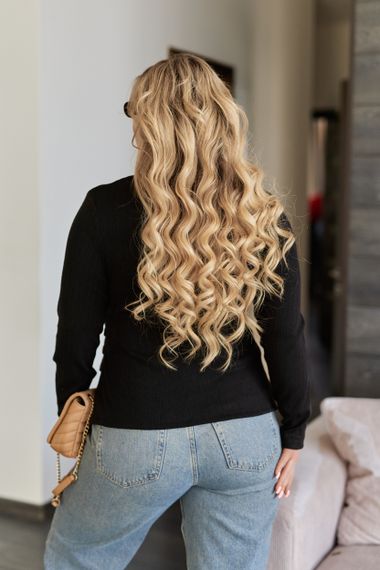 Женская трикотажная кофта в рубчик на запах с V-образным вырезом цвет черный, размер 54/56 GF8777 | Зображення 1