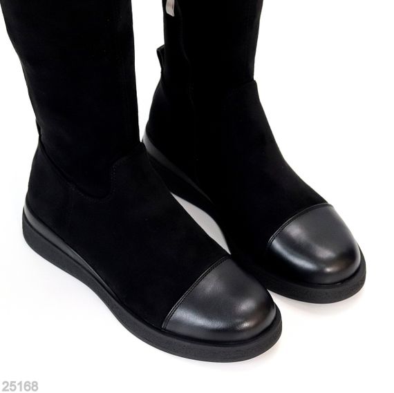 Шикарні чорні замшеві чоботи ботфорти на флісі низький хід | Зображення 1