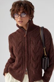 Теплий кардиган в косички на блискавці - темно-коричневий цвет, ONE SIZE (є розміри)