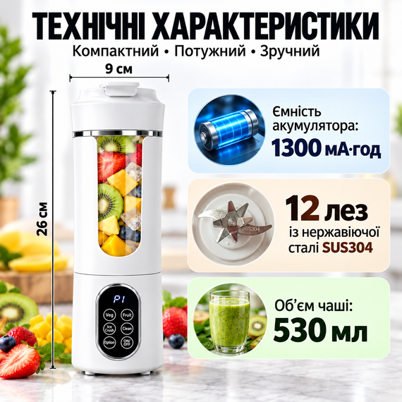 Портативний блендер-шейкер HS-889 530 мл, 12 лез SUS304, акумулятор 1300 мА·год, USB Type-C, для смузі та коктейлів, білий | Зображення 4
