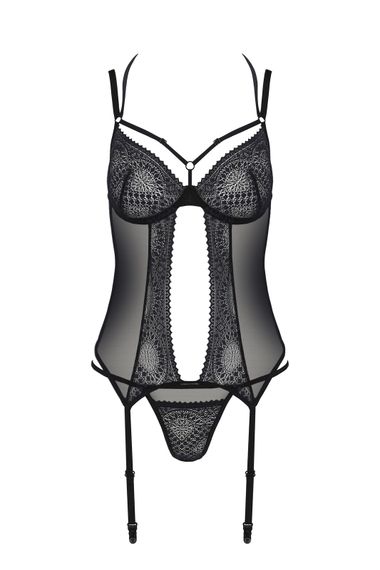 Корсет Passion DROSERA CORSET black, S/M, з кріпленнями для панчіх, трусики в комплекті | Зображення 2