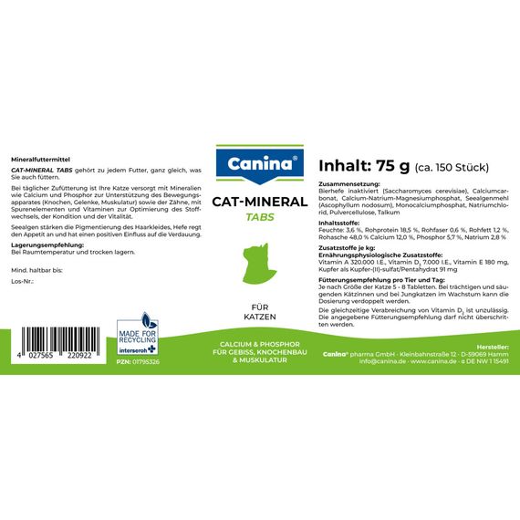 Вітамінно-мінеральний комплекс Canina Cat-Mineral Tabs для котів 75 г 150 табл. | Зображення 2