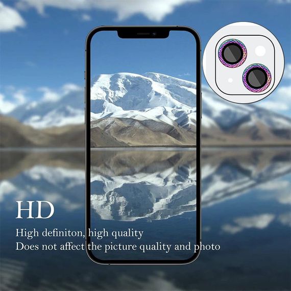 Захисне скло Metal Shine на камеру (у упак.) для Apple iPhone 14 (6.1") / 14 Plus (6.7") Золотий / Gold Бузковий / Rainbow | Зображення 2