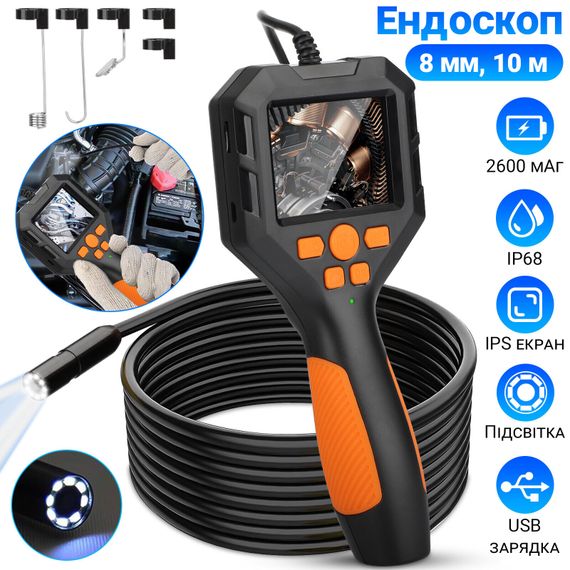 Эндоскоп автомобильный технический с дисплеем Podofo P10h-10, 8 мм, FullHD 1080P, кабель 10 метров | Зображення 3