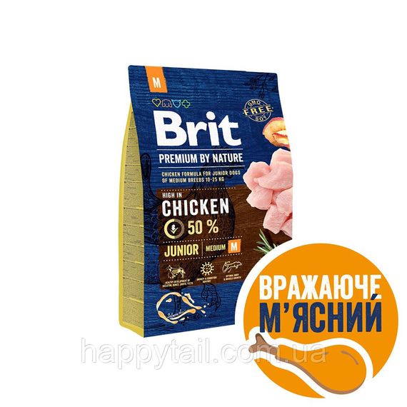 Корм Brit Premium by Nature Junior M для щенков средних пород, курица 3 кг