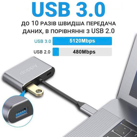 4в1: мультифункциональный адаптер для ноутбука USB Type-C хаб Addap MH-02: HDMI + VGA + USB 3,0 + USB-C PD | Зображення 3