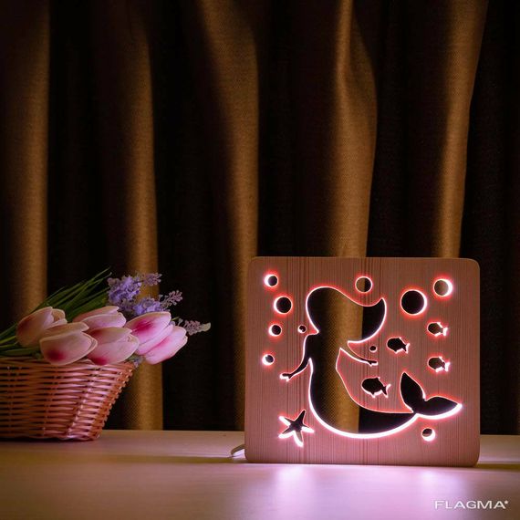 Светильник ночник ArtEco Light из дерева LED "Русалочка" с пультом и регулировкой...