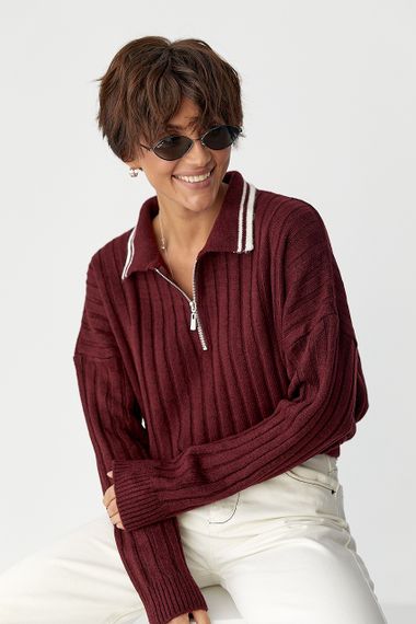 В'язана кофта-поло в широкий рубчик - бордо цвет, ONE SIZE (є розміри) | Зображення 1