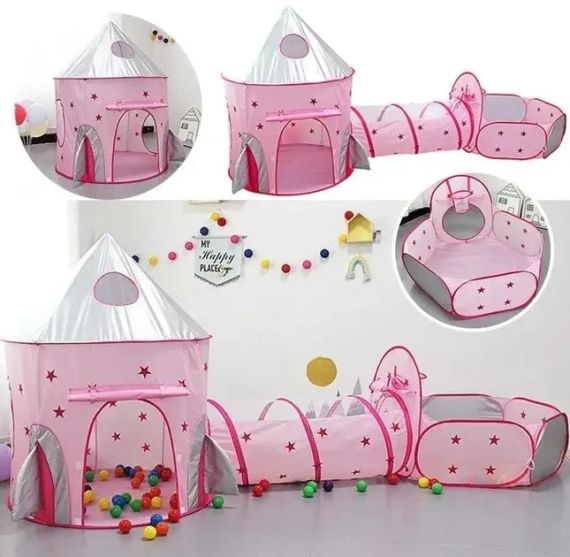 Дитячий ігровий будиночок-намет "Замок" 3в1 з тунелем та басейном під кульки рожева | Зображення 1