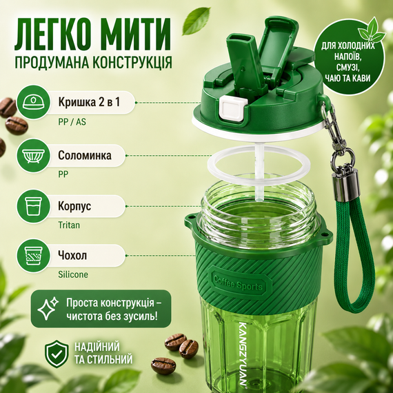 Термокружка KANGZYUAN 550 мл — Зелена, з екологічного Трітану (BPA-free) для гарячих та холодних напоїв | Зображення 3