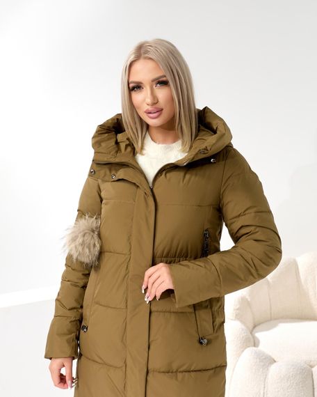 Оливкове пальто люкс якості з брелком помпоном | Зображення 6