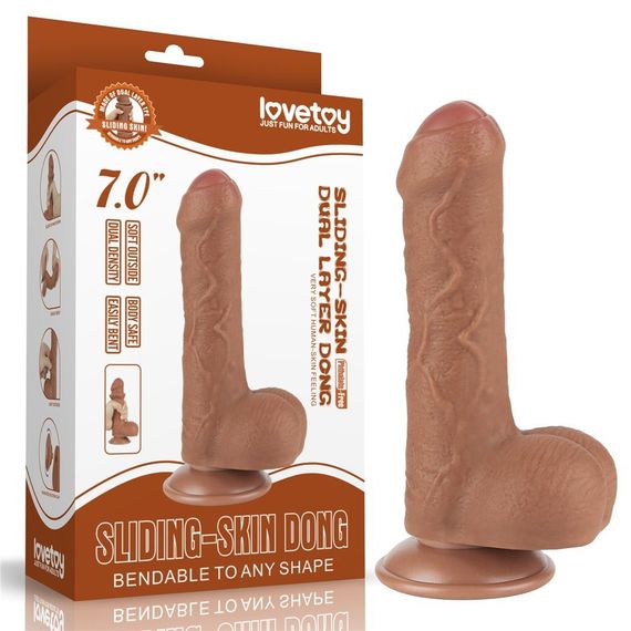 Фалоімітатор з мошонкою 7'' SLIDING SKIN DUAL LAYER DONG BROWN Sex Aura | Зображення 1
