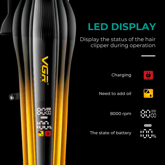 Акумуляторна машинка для стрижки VGR V-273 GOLD, 6 насадок, 8000 RPM, 3000 mAh, LED дисплей | Зображення 8