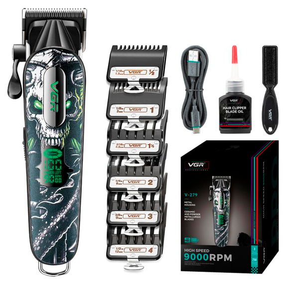 Аккумуляторная машинка для стрижки VGR V-279 GREEN, 6 насадок, 9000 RPM, 2500 mAh, LED дисплей