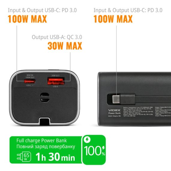 VIDEX VPB-366 PD100Вт 20000мА•г Повербанк | Зображення 5