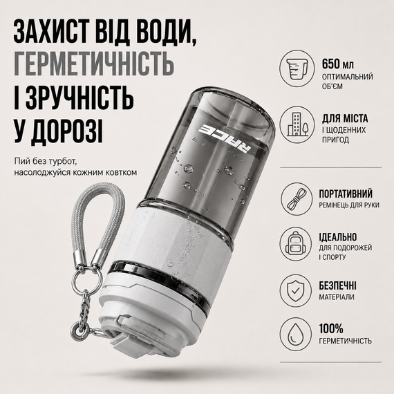Двухсекционный стакан-тамблер RACE Dual-Sip 650 мл с соломинкой и ремешком (Серый) | Зображення 6