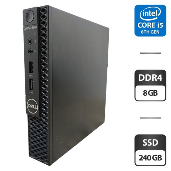 Неттоп Dell OptiPlex 3060 Micro USFF / Intel Core i5-8500T (6 ядер по 2.1 - 3.5 GHz) / 8 GB DDR4 / 240 GB SSD / Intel UHD Graphics 630 / Блок питания б/у
