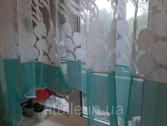 Готова бірюзова коротка пошита тюль фіранка аркою для кухні, веранди, вітальні, коридору або спальні | Зображення 3