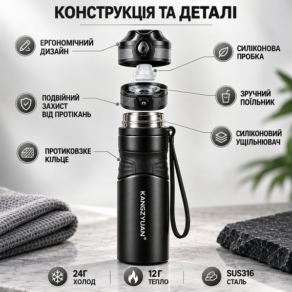 Термос-бутылка KANGZYUAN 450 мл (0,45 л), вакуумная, из нержавеющей стали 316, герметичная, с ситечком, черная | Зображення 6