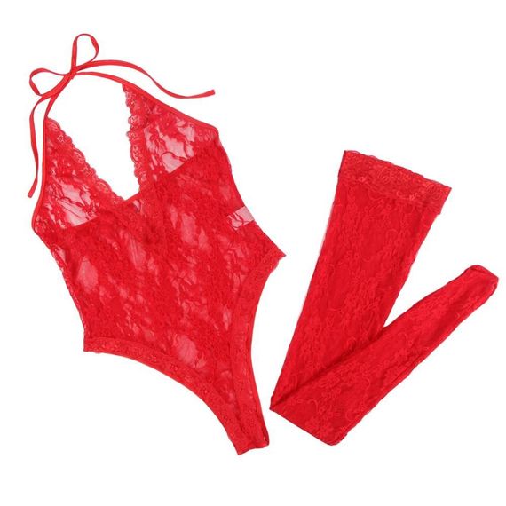 Комплект Star Night боді з коміром халтер та образним вирізом +панчохи, червоний sexstyle | Зображення 7