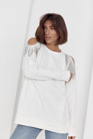 Женская кофта oversize с вырезами на плечах - молочный цвет, S (есть размеры) | Зображення 4