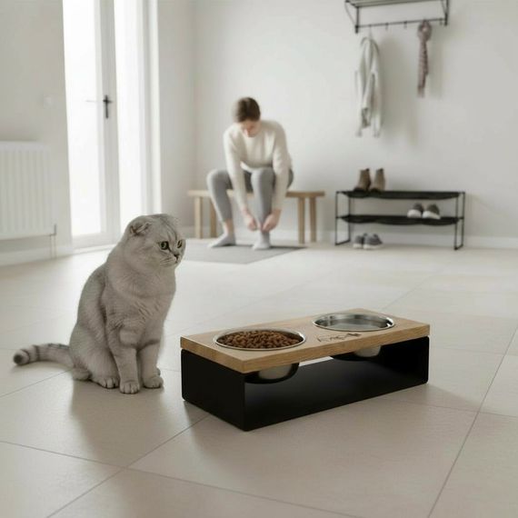 Миски на подставке из цельного металлического листа для собак и котов Hollky SteelWood S (2 × 0,45 л) SWS-36188-BLNT | Зображення 1