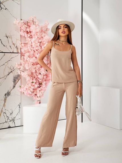 Женский летний костюм майка и брюки креп-жатка, UH379 размер 48, цвет бежевый | Зображення 2