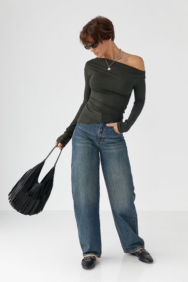 Асиметричний лонгслів з відкритим плечем - хакі цвет, L (є розміри) | Зображення 2