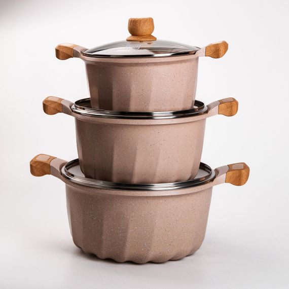 Набір із трьох каструль та сковорідок з кришками 24, 28, 32 см, товсте алюмінієве дно MGC HP-4-402 | Зображення 4