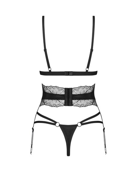 Комплект Obsessive Lobellis 3-pcs set, M/L, чорний, ліф з м’якою чашкою, стрінги, пояс для панчіх | Зображення 3