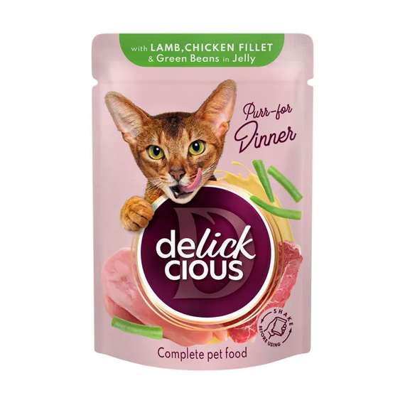 Вологий корм пауч Delickcious для дорослих котів, ягня, курка та спаржа в желе 85г