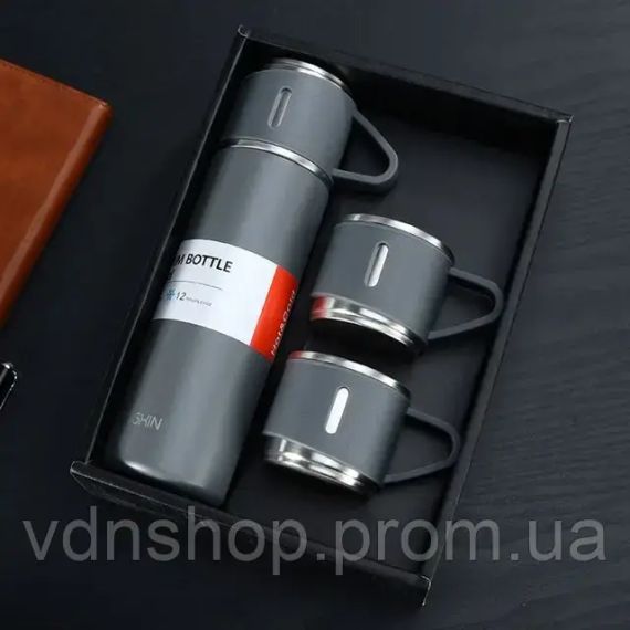 Термос с вакуумной изоляцией серый, Подарочный набор с 3 чашкам 500 мл | Зображення 2