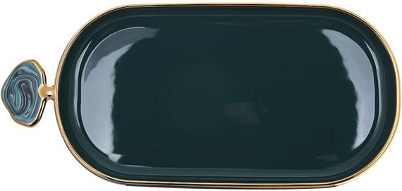 Блюдо порцелянове "Gold Line" 30.5х14см овальне з декоративною ручкою, зелене