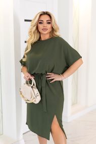 Женское летнее платье миди с коротким рукавом с разрезом и поясом GF9037 цвет хаки размер 42/44