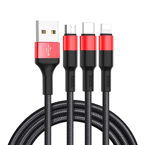 Кабель HOCO X26 USB-1 3 in 1 Micro/Iphone/Type-C, 2A, довжина 1м, Black/Red