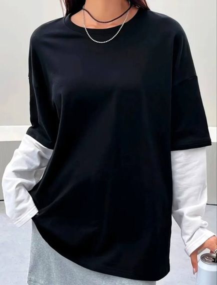 Женский свободный лонгслив оверсайз с эффектом футболки HI2729 цвет черный с белым, размер onesize 42/48