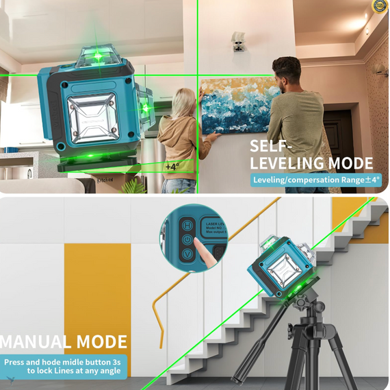Рівень перехресний лазерний зеленого кольору 16 ліній, 4 x 360° лазерний рівень із функцією самовирівнювання | Зображення 3