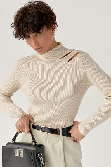 Лонг у рубчик з вирізами на плечі - бежевий цвет, ONE SIZE (є розміри) | Зображення 4