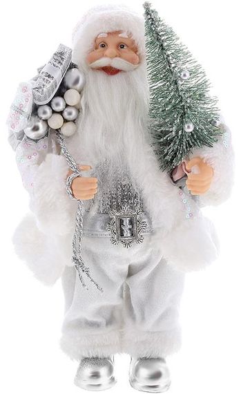 Інтерєрна новорічна фігурка Santa з подарунками з ялинкою 30см білий та срібло з паєтками