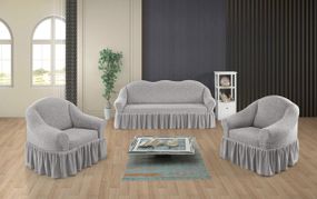 Жакардовий чохол на диван + 2 крісла Stone з спідницею кремово-сірий