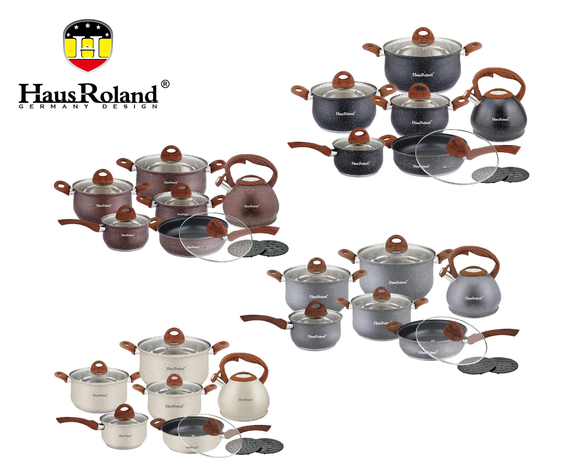 Набор посуды Haus Roland HR120-1 (14 предметов) из нержавеющей стали: кастрюли 2,6/3,6/6,1 л; ковш 1,9 л; сковорода 2,9 л; чайник